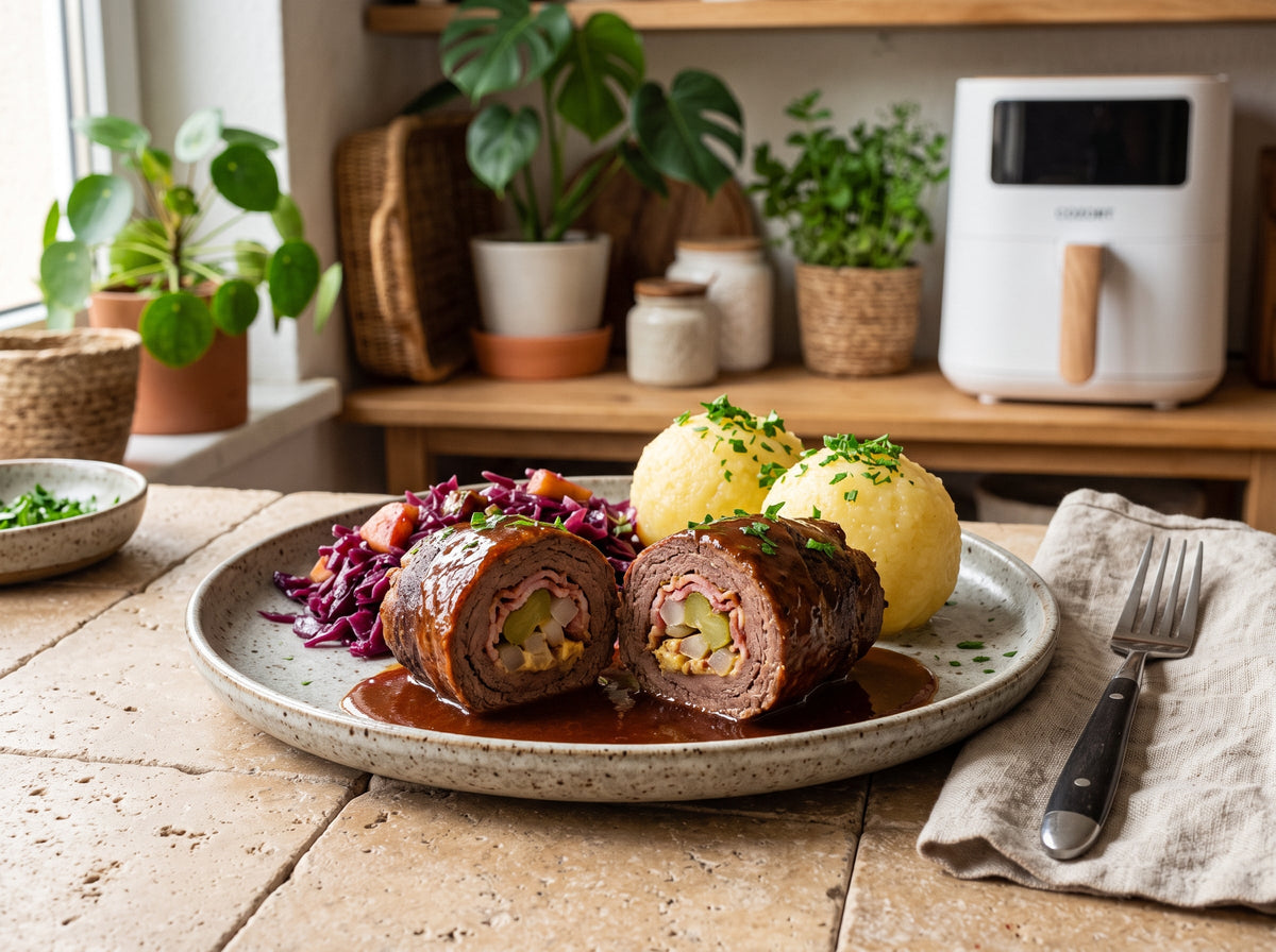 Rinderrouladen mit Rotkohl und Klößen aus dem Airfryer – angerichtet auf einem Keramikteller, im Hintergrund eine Heißluftfritteuse