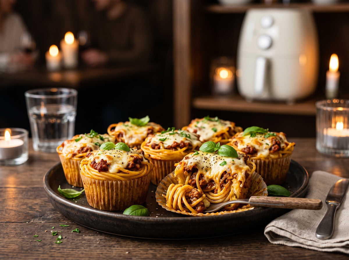 Spaghetti-Muffins mit Bolognese und Käse aus dem Airfryer – angerichtet auf einem dunklen Keramikteller, im Hintergrund eine Heißluftfritteuse