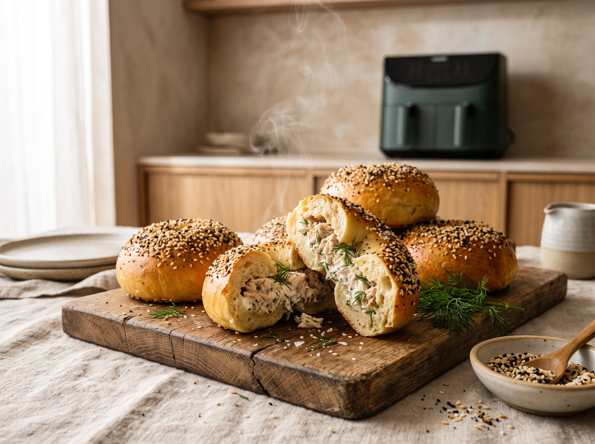 Thunfisch-Bagel-Bombs aus dem Airfryer – angerichtet auf einem Holzbrett, im Hintergrund eine Heißluftfritteuse