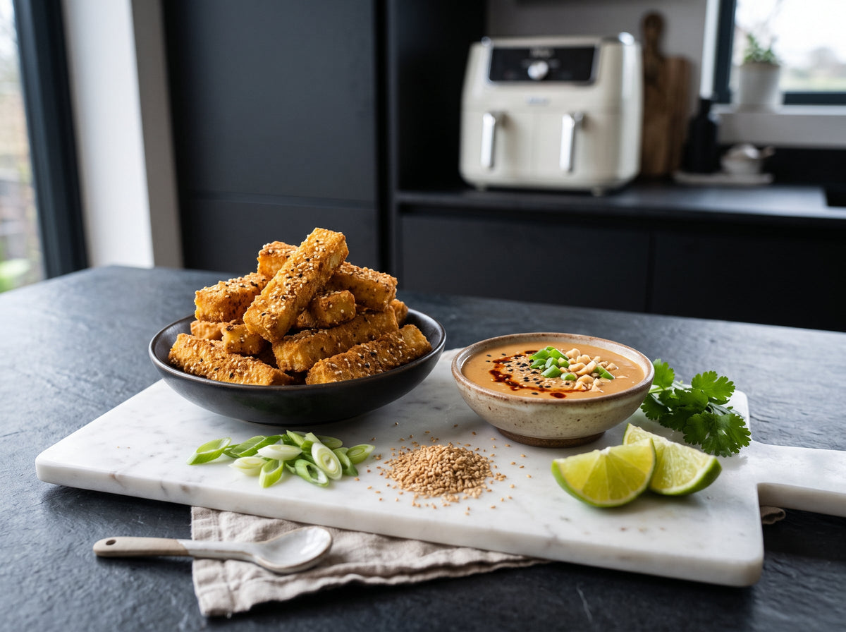 Knusprige Tofu-Sticks mit Erdnussdip aus dem Airfryer – angerichtet auf einer Marmorplatte, im Hintergrund eine Heißluftfritteuse