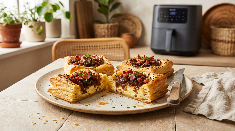 Zwiebelkuchen-Quadrate mit Speck und Kümmel aus dem Airfryer – angerichtet auf einem handgemachten Steinzeugteller, im Hintergrund eine Heißluftfritteuse