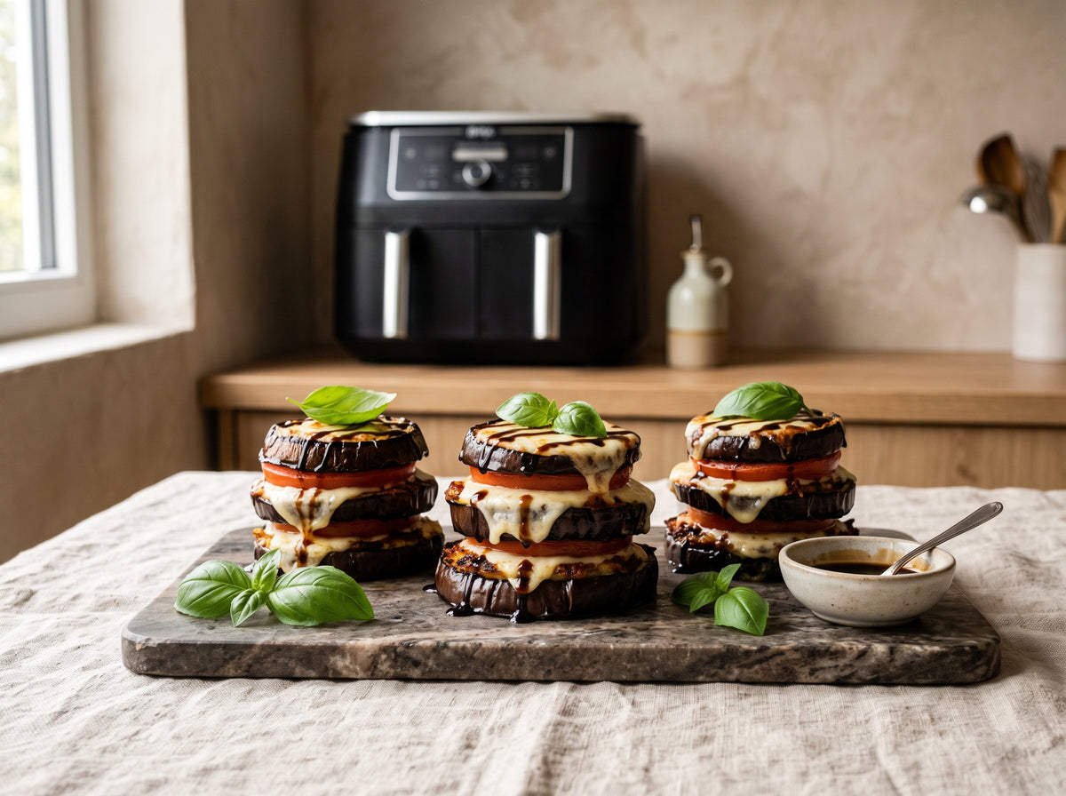 Auberginen-Türmchen mit Tomate und Mozzarella aus dem Airfryer – angerichtet auf einer Marmorplatte, im Hintergrund eine Heißluftfritteuse