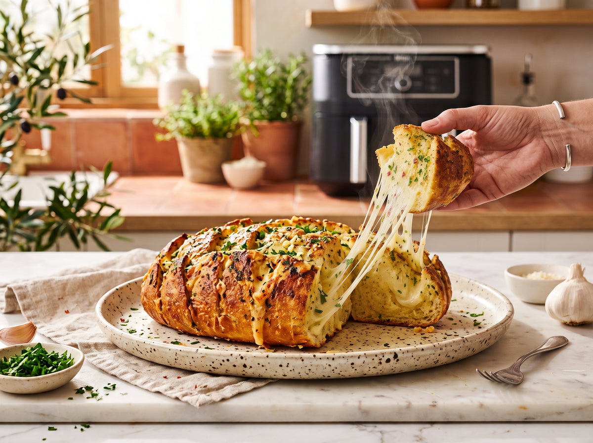 Cheesy Knoblauchbrot mit Mozzarella aus dem Airfryer – angerichtet auf einer Keramikplatte, im Hintergrund eine Heißluftfritteuse