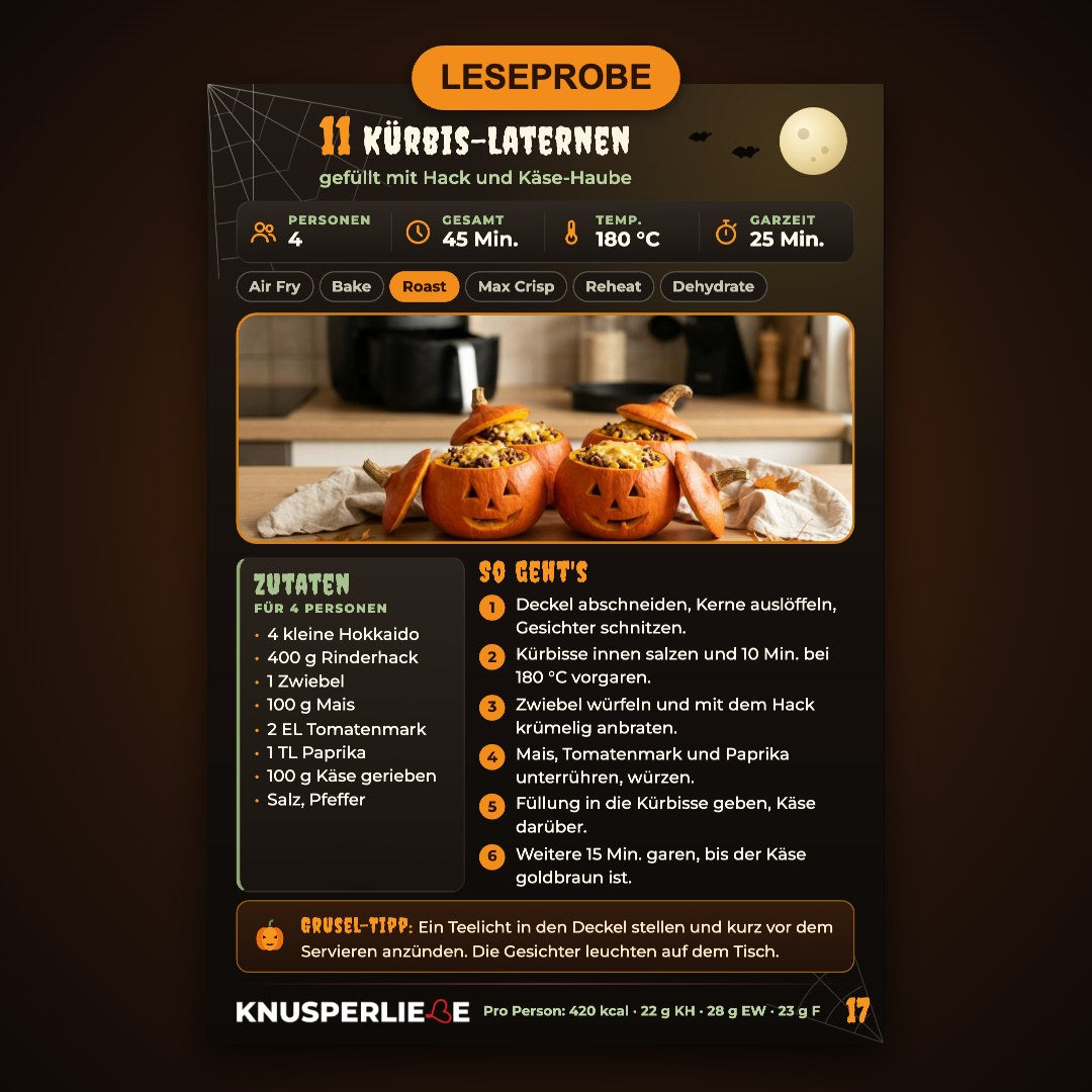 Leseprobe Airfryer Rezept gefüllte Kürbis-Laternen mit Hackfleisch