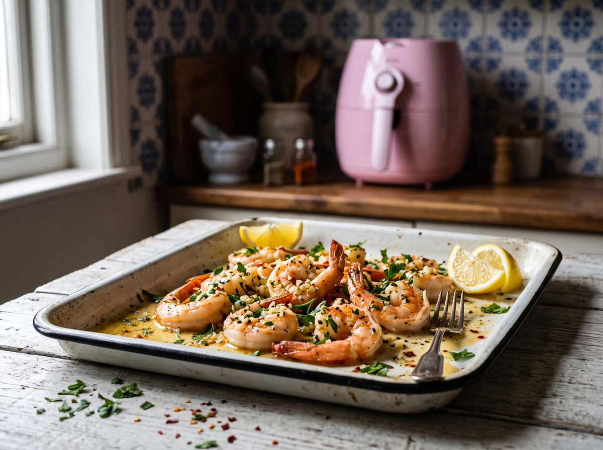 Knoblauch-Garnelen mit Zitronenbutter aus dem Airfryer – angerichtet auf einem Emaille-Blech, im Hintergrund eine Heißluftfritteuse