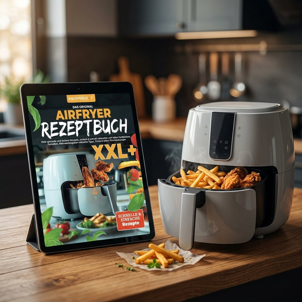KNUSPERLIEBE Airfryer E-Book neben Airfryer mit Chicken Wings und Pommes