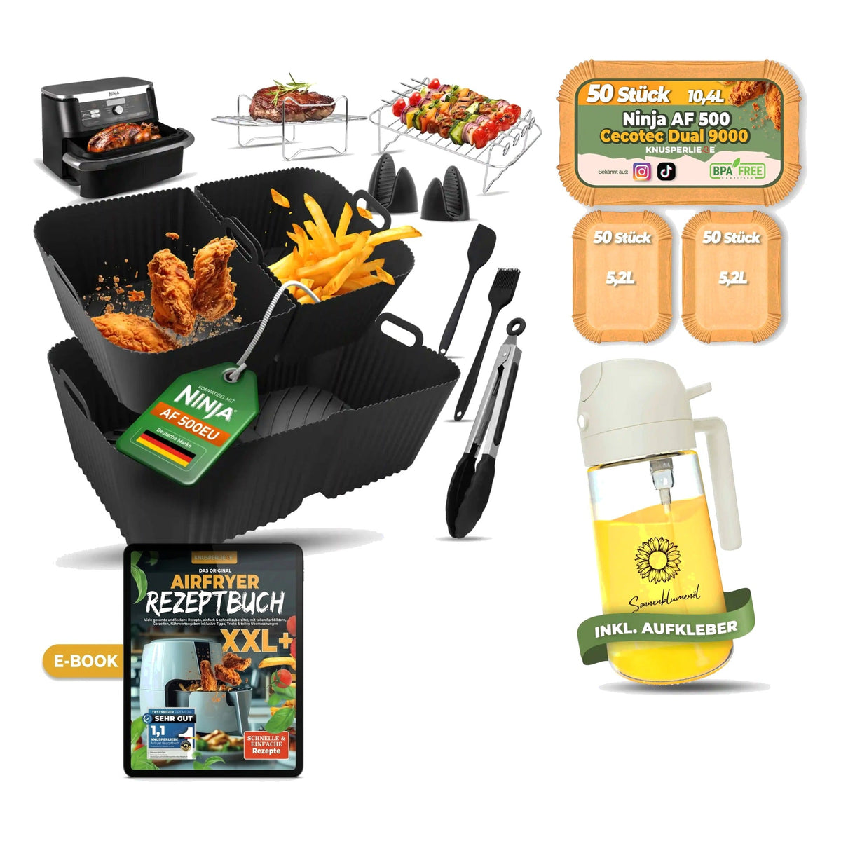 Komplett-Set für Ninja AF500: XXL-Zubehörset, Backpapier Großkammer, Ölsprüher Weiß und Airfryer E-Book