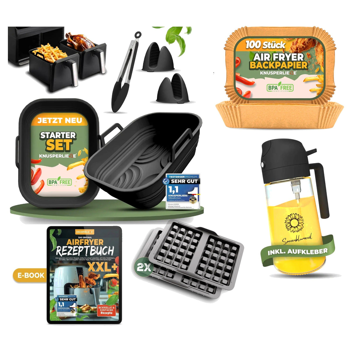 Komplett-Set Plus für Ninja Dual Zone AF400: faltbare Silikonformen, Backpapier Dual Zone, Ölsprüher, Waffeleinsätze und Airfryer E-Book