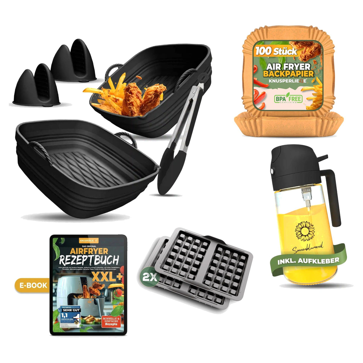 Komplett-Set Plus für eckige Airfryer: faltbare Silikonformen, Backpapier, Ölsprüher, Waffeleinsätze und Airfryer E-Book