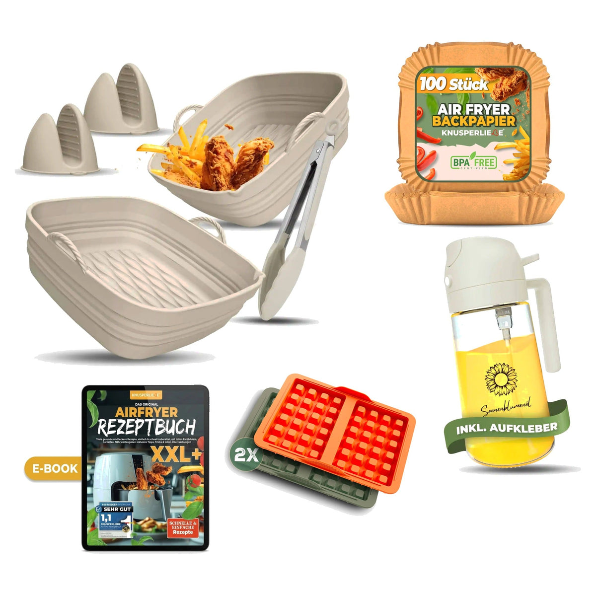 Komplett-Set Plus für eckige Airfryer mit Silikonformen in Cashmere Flow, Ölsprüher Weiß und Waffeleinsatz Knusperliebe Mix