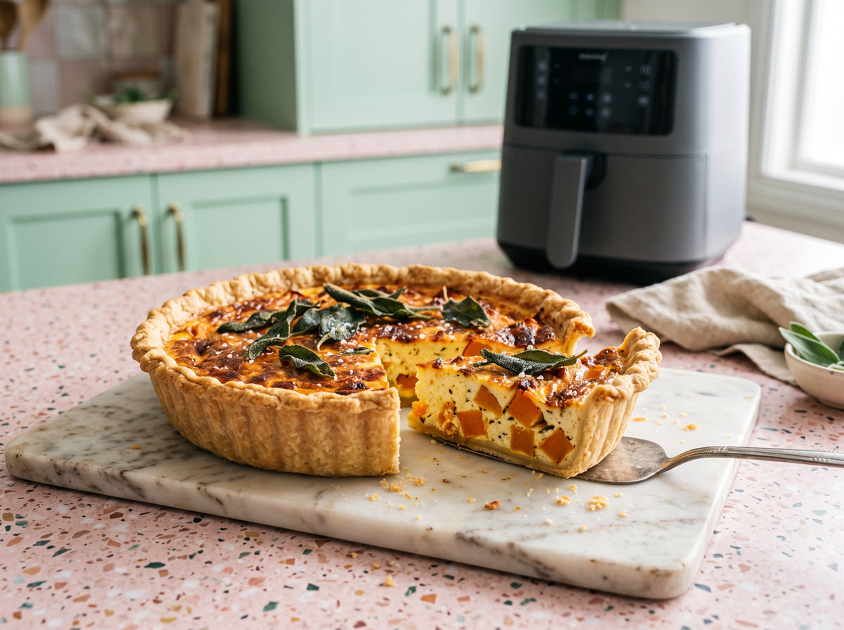 Kürbis-Ricotta-Quiche mit Salbei aus dem Airfryer – angerichtet auf einer Marmorplatte, im Hintergrund eine Heißluftfritteuse