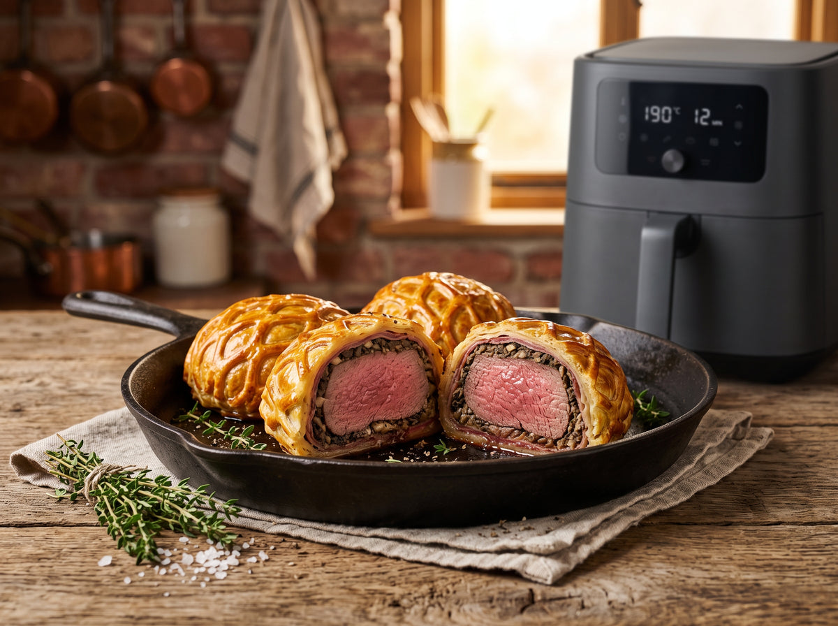 Mini Beef Wellington aus dem Airfryer, halbiert – angerichtet in einer Gusseisenpfanne, im Hintergrund eine Heißluftfritteuse