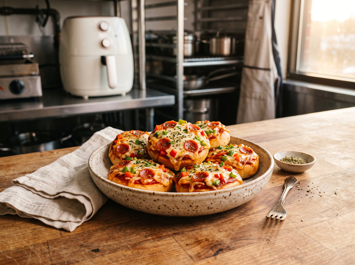 Mini-Pizzabrötchen mit Salami und Käse aus dem Airfryer – angerichtet in einer Keramikform, im Hintergrund eine Heißluftfritteuse