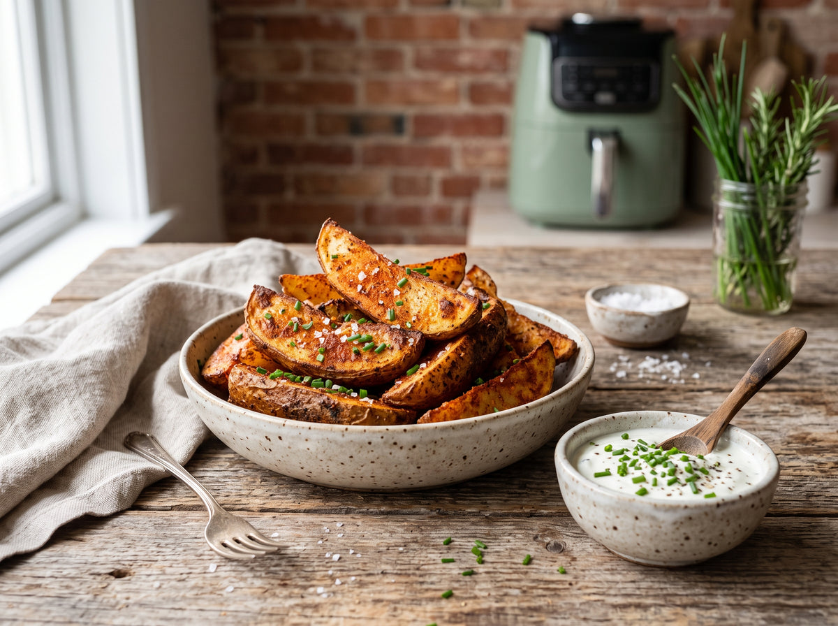 Knusprige Paprika-Kartoffelspalten mit Dip aus dem Airfryer – angerichtet in einer Keramikschale, im Hintergrund eine Heißluftfritteuse