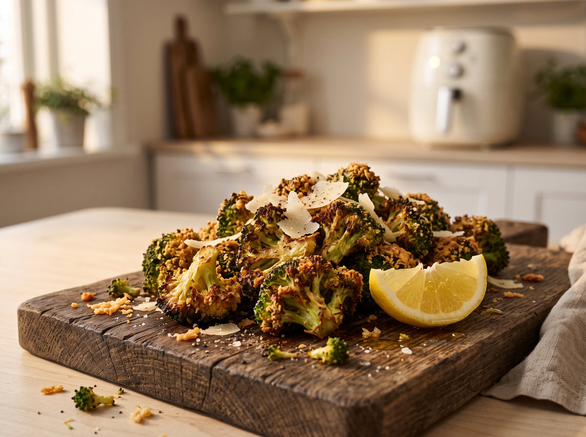 Knuspriger Parmesan-Brokkoli aus dem Airfryer – angerichtet auf einem rustikalen Holzbrett, im Hintergrund eine Heißluftfritteuse