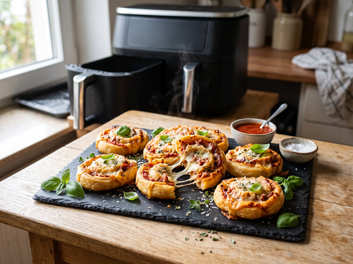 Knusprige Pizzaschnecken mit Schinken und Käse aus dem Airfryer auf einem Schieferbrett, im Hintergrund eine Heißluftfritteuse