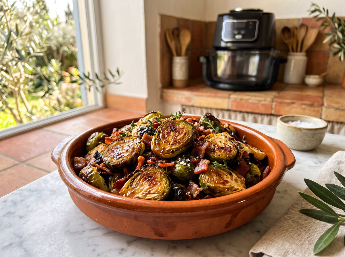 Knuspriger Rosenkohl mit Speck und Honig aus dem Airfryer – angerichtet in einer Terrakotta-Form, im Hintergrund eine Heißluftfritteuse