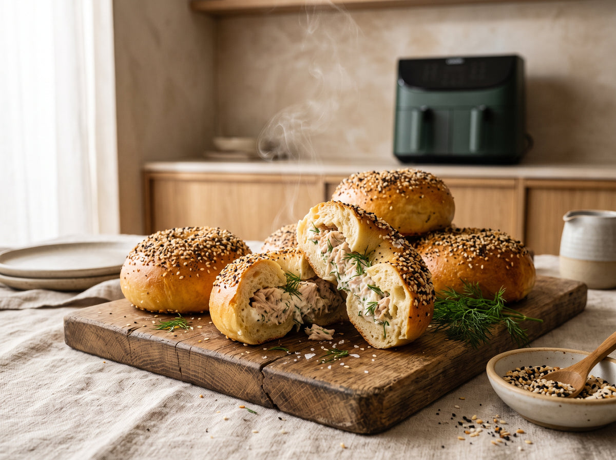 Thunfisch-Bagel-Bombs aus dem Airfryer – angerichtet auf einem Holzbrett, im Hintergrund eine Heißluftfritteuse